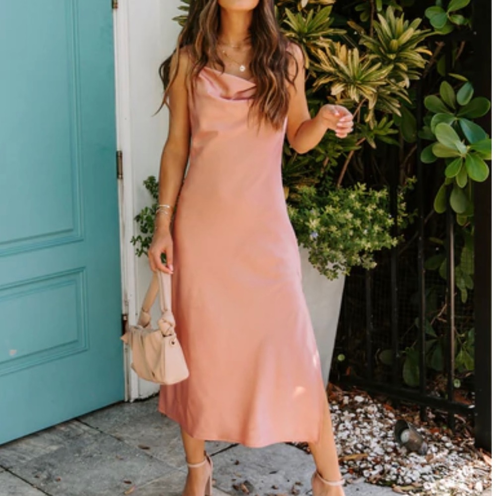 Satin Slit Midi Dress - Pink
